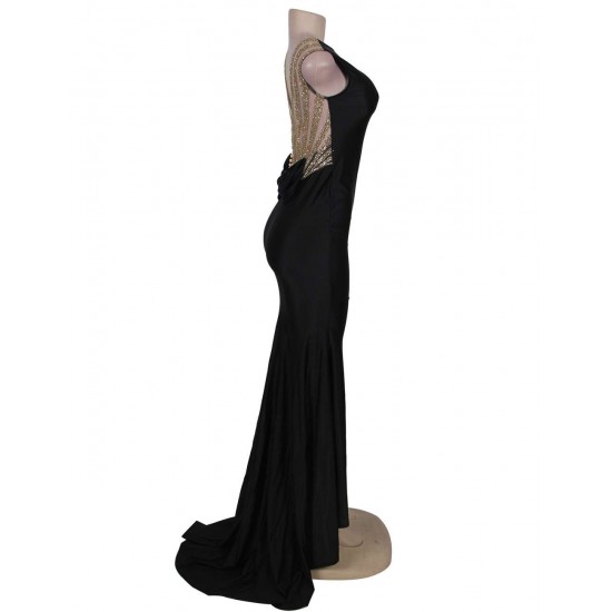 Plus Size  Black Formal Golden Strap Open Back Evening Dress