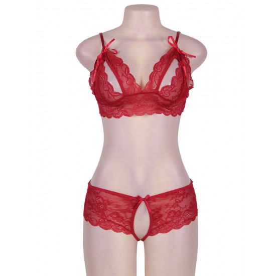 Red Lace Crotchless Booty Short Bra Set