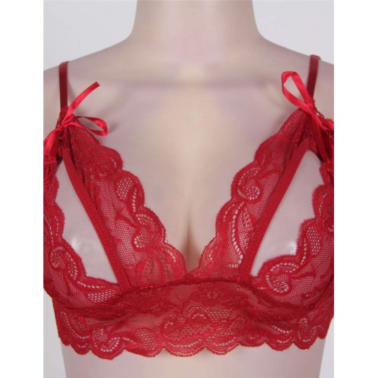 Red Lace Crotchless Booty Short Bra Set