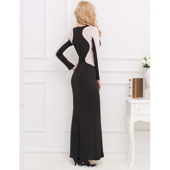 Floor Length Black Long Sleeve Silver Stud Evening Dress 