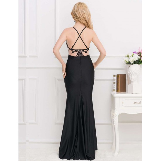 Black Embroidery Halter Evening Gown