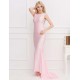 Plus Size Pink Open Back Golden Strap Ruffle Evening Dress