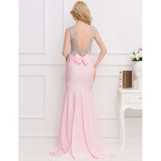 Pink Open Back Golden Strap Ruffle Evening Dress