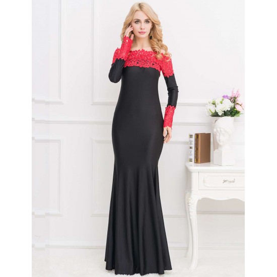 Boat Neck Red Lace Evening Gown