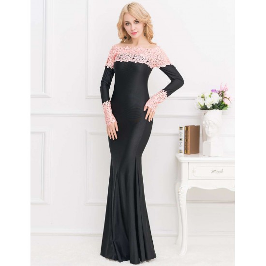 Boat Neck Pink Lace Evening Gown