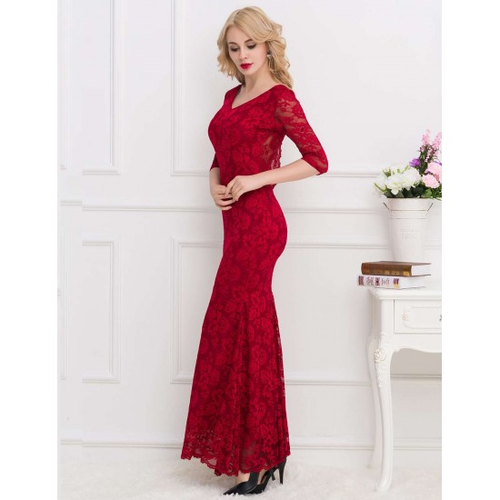 Backless Half Sleeve Red Long Dress