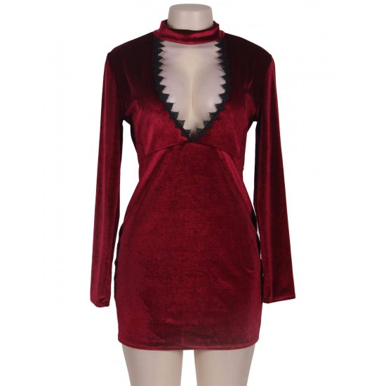 Wine Long Sleeve Bodycon Mini Dress