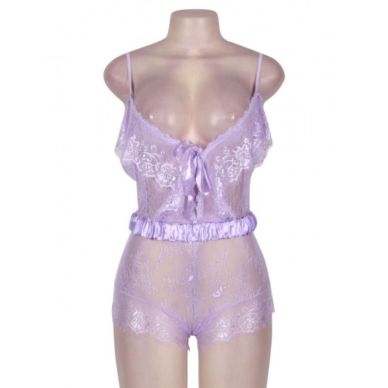 Purple Eyelash Lace Romper Teddy Lingerie