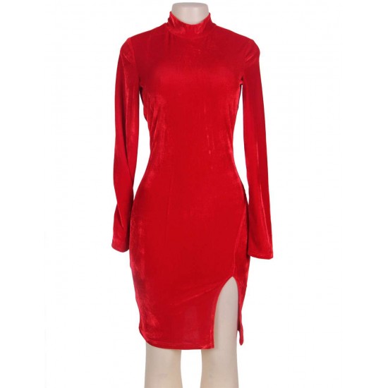 Velvet Sexy Round Neck Red Bodycon Dress