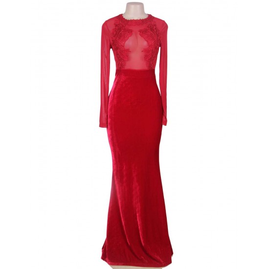 Mesh Red Lace Applique Velvet Maxi Dress