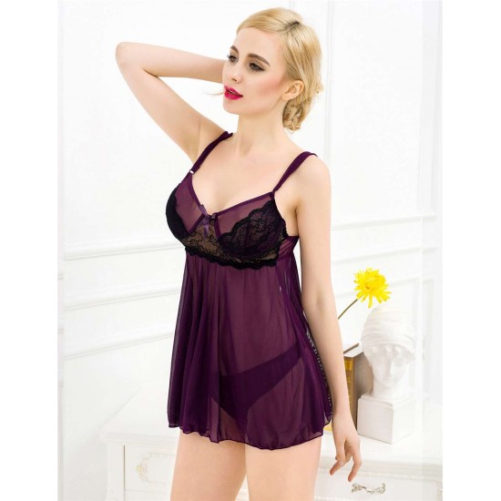 Appealing Flower Pattern Lace Transparent Violet Mini Dress