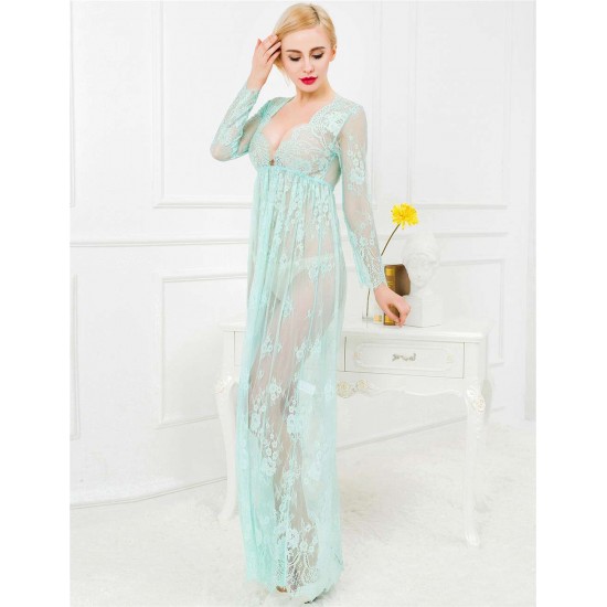 Green and Nude Lace Long Sleeve Maxi Dress