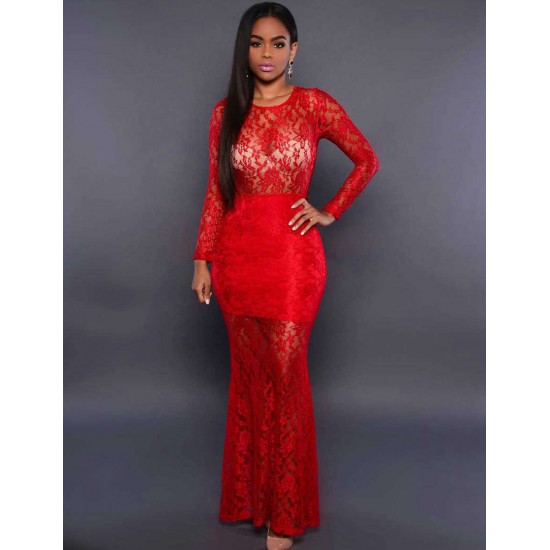 Beaming Red Lace Long Sleeve Croch Dress