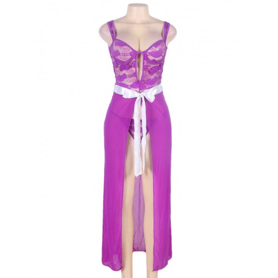 Open Long Purple Lace Dress Sleepwear Gown