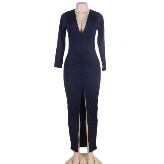 Deep-V Neckline Dark Blue Long Sleeve Maxi Dress