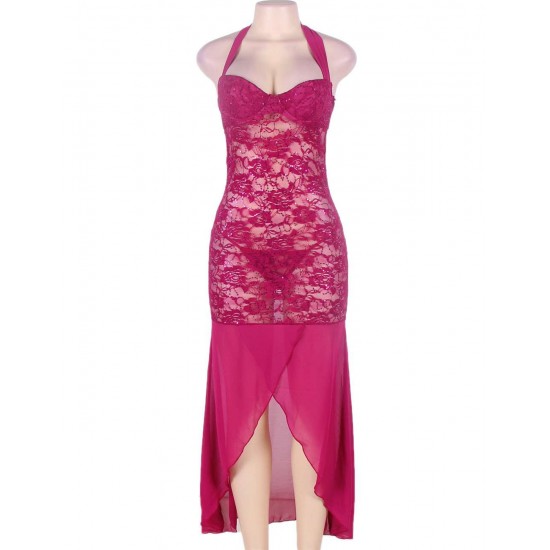 Sexy Halter Neck Rose Red Lace Long Dress