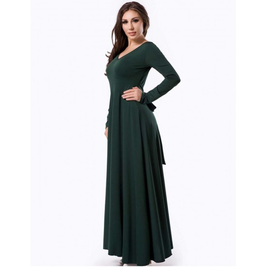 Emerald Belted V Neck Back Maxi Dress