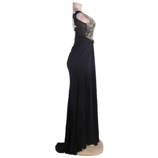 Plus Size Black Embroidered Mesh Wrap Open Back Long Dress