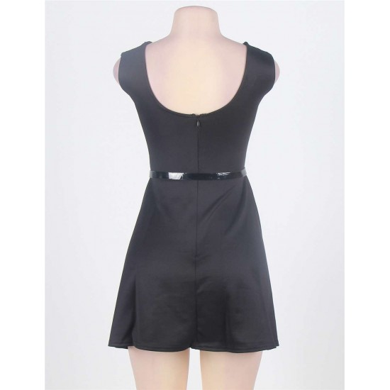 Black Hollow Out Sleeveless Dress With Waist Belt