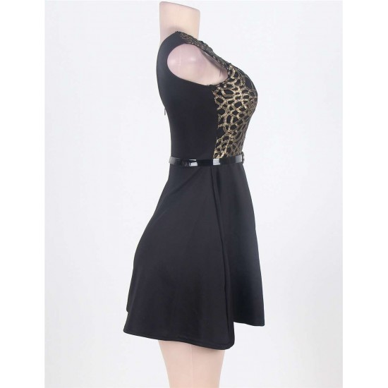 Black Hollow Out Sleeveless Dress With Waist Belt