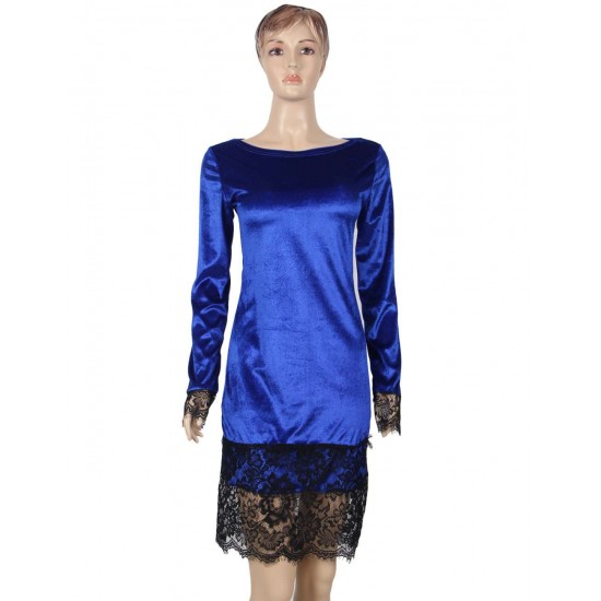 Velvet Lace Hem Sexy Blue Details Dress