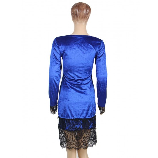 Velvet Lace Hem Sexy Blue Details Dress