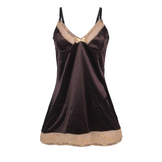 Satin Gold Lace Detail Brown Babydoll