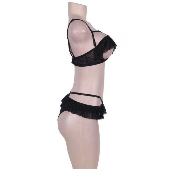 Open Cup Ruffle Black Bra And Panty Set