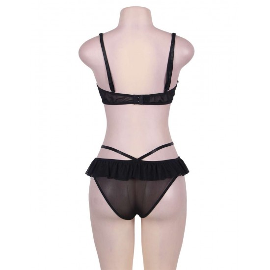 Open Cup Ruffle Black Bra And Panty Set