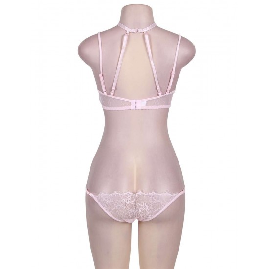 Strappy Pink Lace Bra Set With Mask