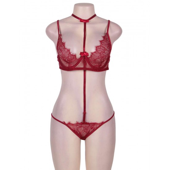 Red Strappy Lace Bra Set With Mask