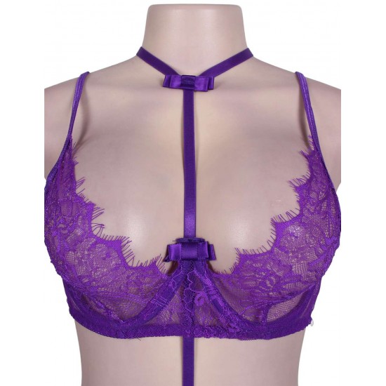 Purple Strappy Lace Bra Set With Mask