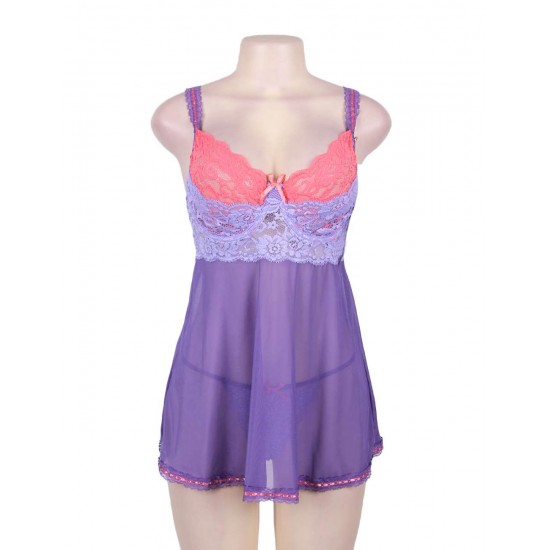 Purple And Pink Lace Cup Babydoll Set