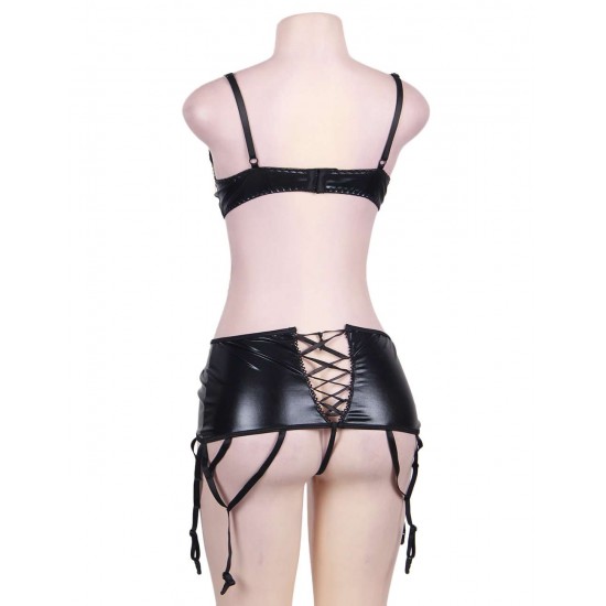 Plus Size Eyelash Lace And Vinyl Garter Set