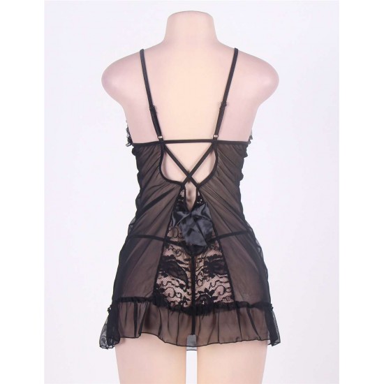 Black Plus Size Floral Lace Front&Croch Back Babydoll