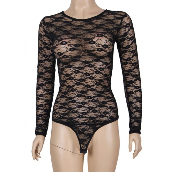 Black Sheer Long Sleeve Lace Teddy