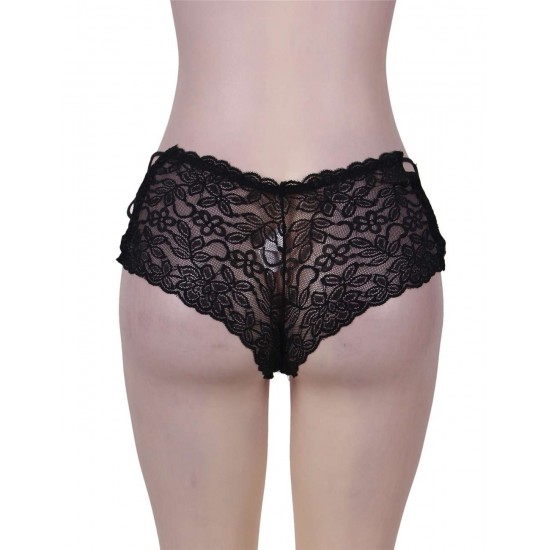 Sexy Black High Waist Floral Lace Strappy Panty 