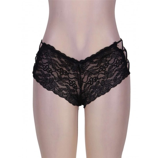 Plus Size Sexy Black High Waist Floral Lace Strappy Panty