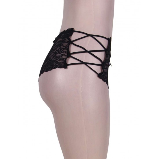 Plus Size Sexy Black High Waist Floral Lace Strappy Panty