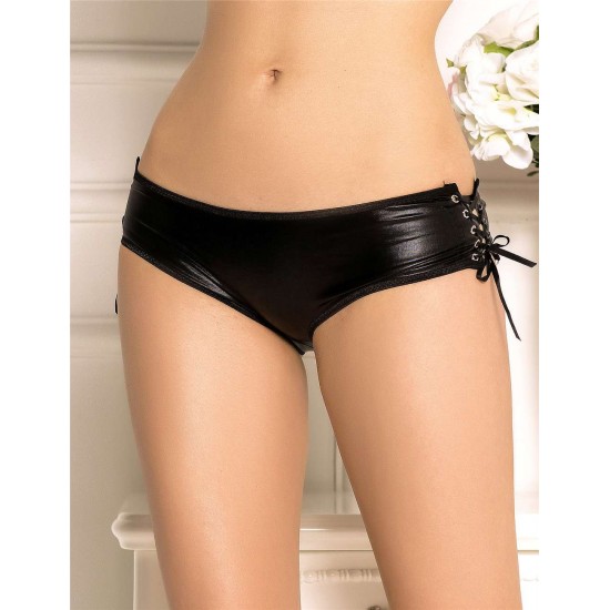 Leather Open Crotch Strappy Black Panty