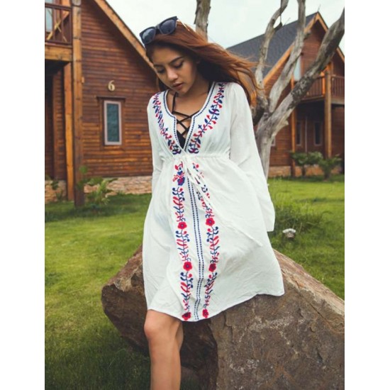 White Embroidered Kimono Long Sleeve Beach Dress