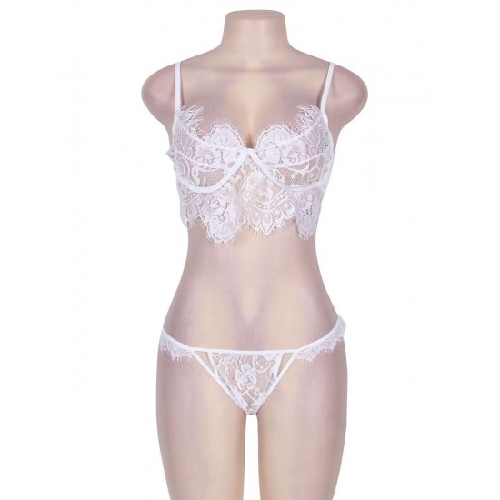 Two Piece White Eyelash Lace Trim Bra Set