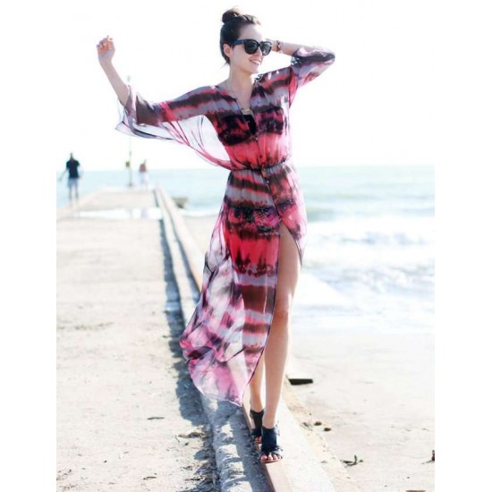 Fashion Slit Front Open Tie-dye Print Chiffon Beach Dress