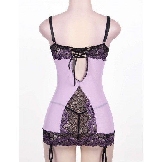 Purple Plus Size Cross-Dye Lace Peek-A-Boo Cup Chemise 