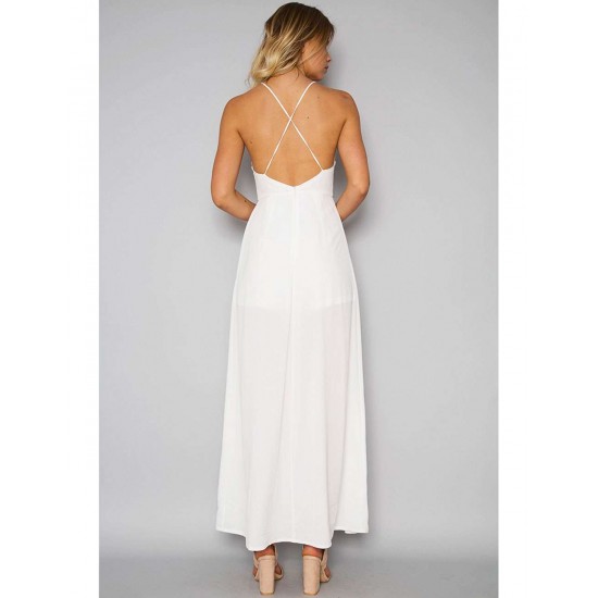 Elegant White Embroidery Backless Long Dress