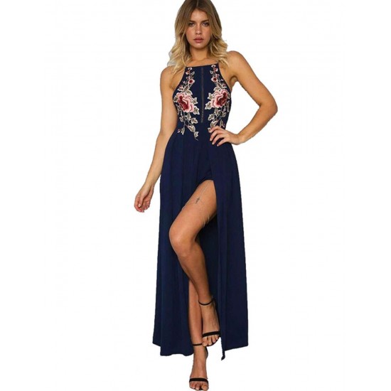 Elegant Dark Blue Embroidery Backless Long Dress