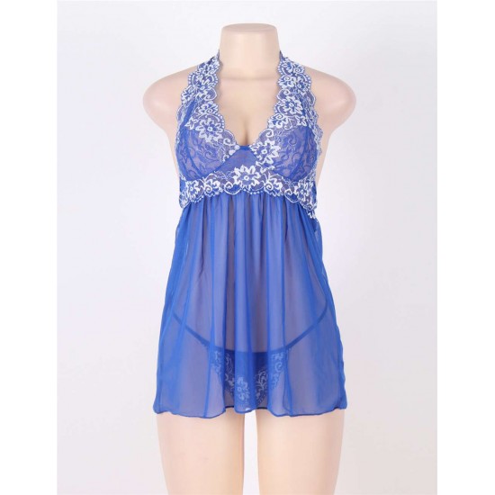 Halter Lace Patchwork Blue Lingerie Set