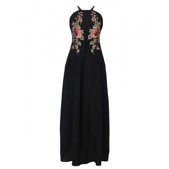 Black Elegant Embroidery Backless Long Dress