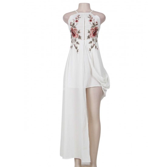 Elegant White Embroidery Backless Long Dress