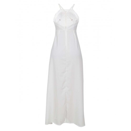 Elegant White Embroidery Backless Long Dress